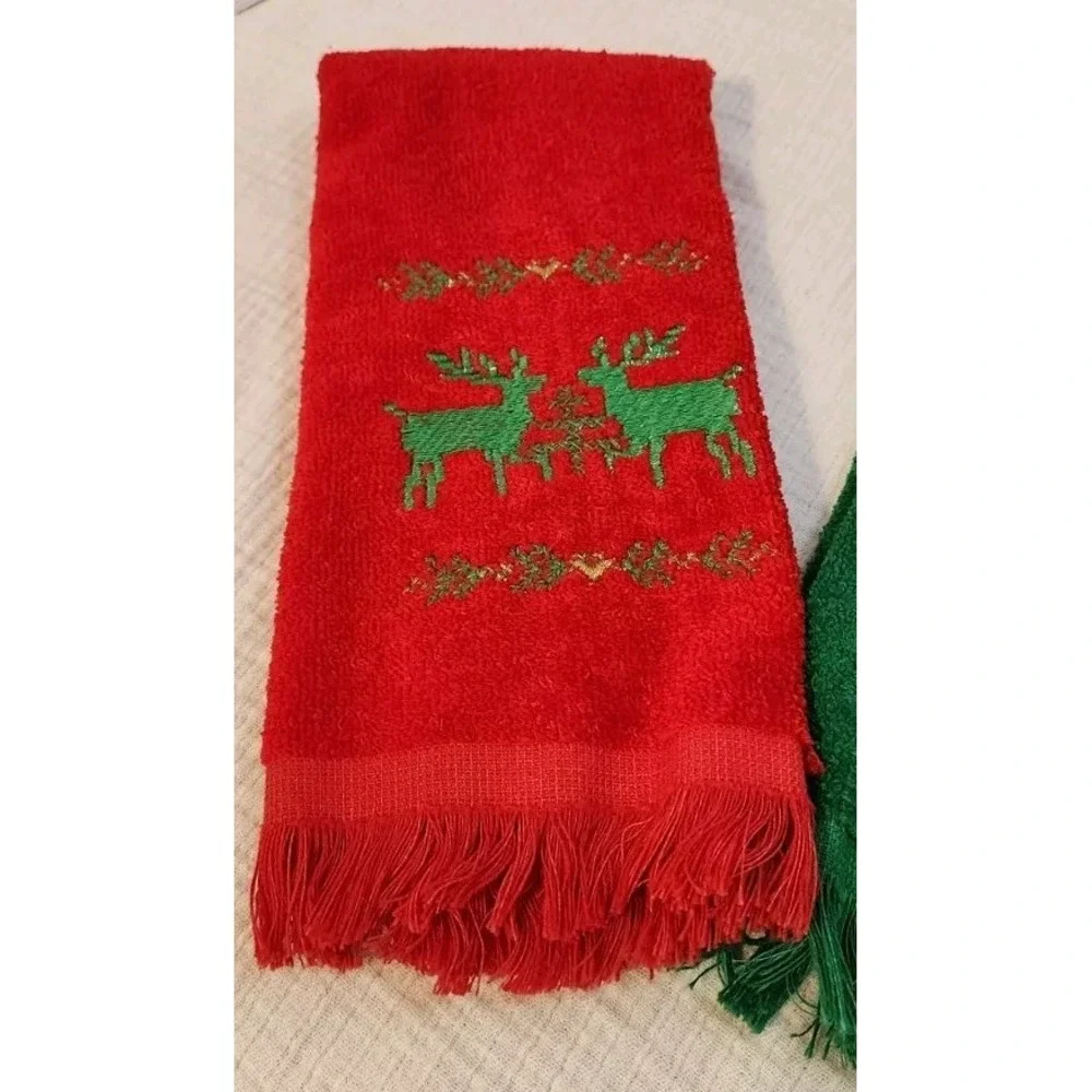 Vintage Lot of‎ 4 RED GREEN Terry Christmas Hand Towels Candle Reindeer Noel